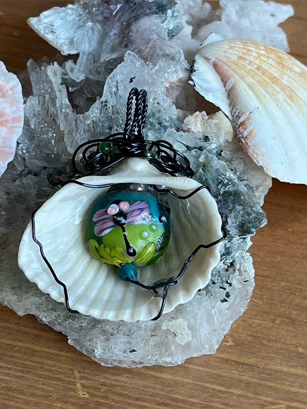 Handcrafted wire-wrapped seashell pendant with painted glass piece jewelry